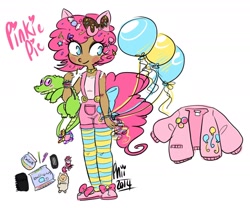 Size: 1280x1063 | Tagged: source needed, safe, artist:plumsweet, gummy, pinkie pie, alligator, human, g4, balloon, bow, bracelet, candy, cellphone, choker, clothes, cute, dark skin, eared humanization, fashion, food, hairclip, humanized, jacket, jewelry, necklace, overalls, pen, pencil, pet, phone, shoes, socks, striped socks, suspenders, tailed humanization, tank top