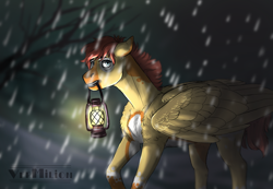 Size: 1130x782 | Tagged: safe, artist:marinavermilion, oc, oc only, pegasus, pony, chest fluff, lantern, mouth hold, snow, snowfall, solo