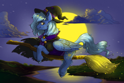 Size: 1500x1000 | Tagged: safe, artist:marinavermilion, oc, oc only, pegasus, pony, broom, chest fluff, flying, flying broomstick, hat, moon, night, solo, witch hat