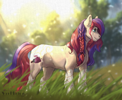 Size: 1100x900 | Tagged: safe, artist:marinavermilion, oc, oc only, earth pony, pony, braid, grass, solo