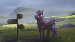 Size: 1920x1080 | Tagged: safe, artist:marinavermilion, oc, oc only, oc:dawn sentry, bat pony, pony, scenery, sign, solo, watermark