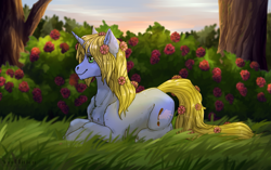 Size: 1935x1216 | Tagged: safe, artist:marinavermilion, oc, oc only, oc:art's desire, pony, unicorn, flower, flower in hair, rose, solo