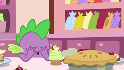 Size: 1920x1080 | Tagged: safe, screencap, spike, dragon, g4, the big mac question, cupcake, food, male, pie, solo, winged spike, wings