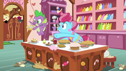 Size: 1920x1080 | Tagged: safe, screencap, cup cake, spike, dragon, g4, the big mac question, apple, food, pie, rolling pin, winged spike, wings
