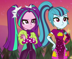Size: 900x736 | Tagged: safe, screencap, aria blaze, sonata dusk, equestria girls, equestria girls specials, g4, my little pony equestria girls: better together, my little pony equestria girls: sunset's backstage pass, clothes, cropped, dress, duo, female, greenbutt pants, minidress, music festival outfit, outfit catalog, pigtails, ponytail, resting bitch face, taco dress, twintails