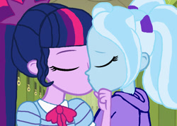 Size: 808x574 | Tagged: safe, edit, editor:ktd1993, sci-twi, trixie, twilight sparkle, human, equestria girls, g4, alternate hairstyle, babysitter trixie, clothes, duo, female, hoodie, kiss on the lips, kissing, lesbian, ship:twixie, shipping