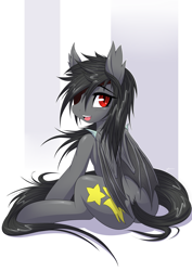Size: 2893x4092 | Tagged: safe, artist:mirapony, oc, oc only, oc:falling star, bat pony, pony, bat pony oc, bat wings, butt, cutie mark, digital art, female, hooves, looking at you, mare, open mouth, plot, simple background, sitting, solo, tail, wings