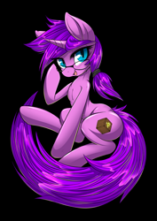 Size: 2893x4092 | Tagged: safe, alternate version, artist:mirapony, oc, oc only, oc:silk road, pony, unicorn, black background, butt, commission, cutie mark, digital art, glasses, hooves, horn, looking at you, plot, simple background, sitting, tail, unicorn oc