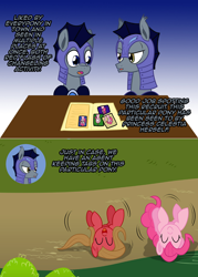 Size: 1076x1502 | Tagged: safe, artist:ladyanidraws, pinkie pie, oc, oc:adamant, oc:pun, oc:westwood, earth pony, pony, ask pun, g4, ask, earth pony oc, horses doing horse things, implied changeling, rolling