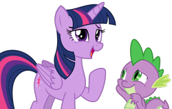 Size: 3372x2138 | Tagged: safe, artist:sketchmcreations, spike, twilight sparkle, alicorn, dragon, pony, g4, hearthbreakers, arm behind head, duo, female, high res, lidded eyes, male, mare, open mouth, raised hoof, simple background, smiling, transparent background, twilight sparkle (alicorn), vector