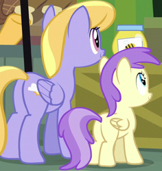 Size: 401x425 | Tagged: safe, screencap, alula, cloud kicker, pluto, pegasus, pony, g4, the perfect pear, butt, cropped, female, filly, food, honey, mare, offscreen character, plot, siblings, sisters