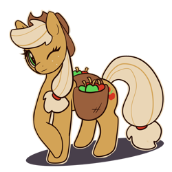 Size: 1280x1280 | Tagged: safe, artist:...macabre..., applejack, earth pony, pony, g4, apple, cute, female, food, freckles, jackabetes, one eye closed, simple background, solo, transparent background, wink