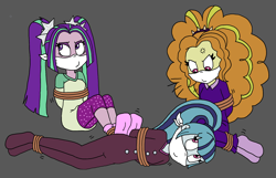Size: 2580x1664 | Tagged: safe, artist:bugssonicx, adagio dazzle, aria blaze, sonata dusk, human, equestria girls, g4, ariasub, bondage, bound and gagged, buttons, cloth gag, clothes, commission, concerned, cross-popping veins, disguise, disguised siren, female, femsub, footed sleeper, footie pajamas, gag, headband, irritated, onesie, over the nose gag, pajamas, pants, pigtails, rope, rope bondage, shirt, siblings, sisters, socks, sonatabetes, sonatasub, subdagio, submissive, t-shirt, the dazzlings, tied up, trio, trio female, twintails