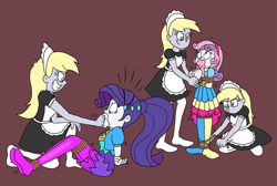 Size: 2581x1736 | Tagged: safe, artist:bugssonicx, derpy hooves, rarity, sweetie belle, human, equestria girls, g4, bondage, bound and gagged, clone, cloth gag, clothes, clothes swap, commission, cute, emanata, evil derpy, evil grin, female, femsub, french maid, gag, grin, headband, help us, irritated, jacket, leggings, maid, multeity, music festival outfit, ponytail, rarisub, rope, rope bondage, scared, siblings, sisters, smiling, socks, stocking feet, stuffed gag, subdorable, submissive, sweetiesub, tied up, triality