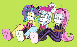 Size: 2676x1664 | Tagged: safe, artist:bugssonicx, photo finish, pixel pizazz, violet blurr, human, equestria girls, g4, bare arms, bondage, bound and gagged, cloth gag, clothes, commission, female, gag, headband, help us, irritated, kidnapped, legs, looking up, nightgown, nightshirt, over the nose gag, pajamas, pants, pigtails, ponytail, rope, rope bondage, scared, sleep mask, socks, tied up, trio, twintails