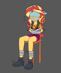 Size: 1333x1597 | Tagged: safe, artist:bugssonicx, sunset shimmer, human, equestria girls, g4, ankle boots, blindfold, bondage, boots, bound and gagged, chair, clothes, cute, cutie mark, cutie mark on clothes, duct tape, female, femsub, gag, jacket, kidnapped, legs, literal metaphor, sensory deprivation, shirt, shoes, sitting, skirt, solo, struggling, subdorable, submissive, subset, tape, tape bondage, tape gag, tied to chair, tied up