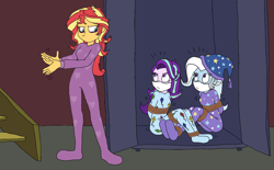 Size: 1746x1083 | Tagged: safe, artist:bugssonicx, starlight glimmer, sunset shimmer, trixie, human, equestria girls, g4, annoyed, bags under eyes, bed hair, bondage, bound and gagged, cloth gag, clothes, commission, female, femsub, footed sleeper, footie pajamas, gag, hat, help us, irritated, kite, looking up, messy hair, nightcap, not in the mood, onesie, over the nose gag, pajamas, pattern, rope, rope bondage, staircase, starlight glimmer is not amused, struggling, sublight glimmer, submissive, sunset shimmer is not amused, sunset's apartment, that pony sure does love kites, the weak and powerless trixie, tied up, trio, trio female, trixie's hat, trixie's nightcap, trixsub, unamused
