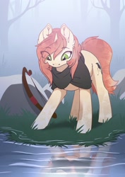 Size: 2480x3508 | Tagged: safe, artist:arctic-fox, oc, oc only, oc:clouded wisp, crystal pony, pony, unicorn, bow (weapon), female, high res, horn, reflection, solo, tree, water