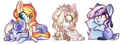 Size: 2953x1083 | Tagged: safe, artist:cloud-fly, oc, oc only, oc:dainty daffodil, deer, deer pony, original species, pony, unicorn, chibi, eye clipping through hair, female, mare, simple background, transparent background