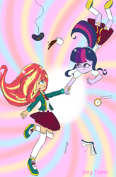 Size: 1080x1650 | Tagged: safe, artist:pink flame, sci-twi, sunset shimmer, twilight sparkle, equestria girls, g4, book, clothes, coffee mug, controller, duo, duo female, female, glasses, holding hands, human coloration, mug, ponytail, skirt