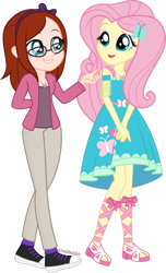 Size: 1280x2103 | Tagged: safe, artist:limedazzle, fluttershy, oc, oc:sophie, equestria girls, g4, clothes, pants, show accurate, simple background, transparent background