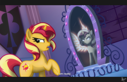 Size: 1920x1236 | Tagged: safe, artist:whitequartztheartist, sunset shimmer, alicorn, pony, g4, alicornified, crystal mirror, female, mirror, race swap, reflection, scene interpretation, shimmercorn, solo, the fall of sunset shimmer