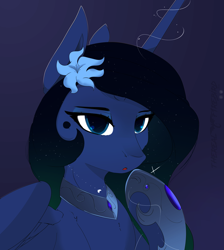 Size: 2699x3006 | Tagged: safe, artist:therealf1rebird, princess luna, alicorn, pony, g4, armor, cute, female, flower, flower in hair, high res, horn, looking at you, mare, solo, wings
