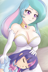 Size: 1080x1600 | Tagged: dead source, safe, artist:feudal-fiction, princess celestia, twilight sparkle, human, equestria girls, g4, bare shoulders, big breasts, breasts, busty princess celestia, cleavage, clothes, duo, duo female, eyebrows, eyes closed, female, gloves, human coloration, humanized, jewelry, long gloves, lying down, momlestia, necklace, regalia, sitting, smiling