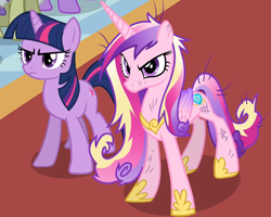 Size: 1920x1535 | Tagged: safe, screencap, princess cadance, twilight sparkle, alicorn, pony, unicorn, a canterlot wedding, g4, cropped, dirty, duo, female, mare, messy mane, scratches, sisters-in-law, unicorn twilight