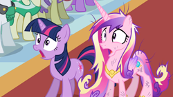 Size: 1920x1080 | Tagged: safe, screencap, fine line, masquerade, maxie, north star, orion, princess cadance, shooting star (g4), twilight sparkle, alicorn, pony, unicorn, a canterlot wedding, g4, dirty, female, mare, messy mane, scratches, shocked, shocked expression, sisters-in-law, unicorn twilight