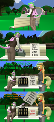 Size: 1920x4320 | Tagged: safe, artist:papadragon69, applejack, spike, anthro, g4, 3d, bench, bucket, cleaning product, clearly didn't see the wet paint sign, comic, oh no, old master q, older, older spike, paint, parody, reference, selling, sign, source filmmaker, suitcase, wet paint, wet paint sign