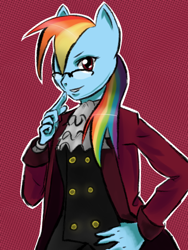 Size: 600x800 | Tagged: safe, artist:r-i-s-e, rainbow dash, anthro, g4, ace attorney, clothes, crossover, female, glasses, miles edgeworth, solo