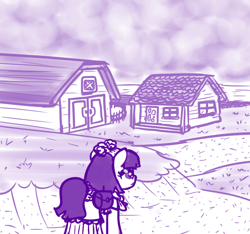 Size: 640x600 | Tagged: safe, artist:ficficponyfic, part of a set, oc, oc only, oc:mulberry telltale, cyoa:madness in mournthread, bag, barn, boots, clothes, cyoa, dress, ears forward, field, flower, headband, hill, house, looking ahead, monochrome, mystery, neckerchief, part of a series, porch, shawl, shoes, story included