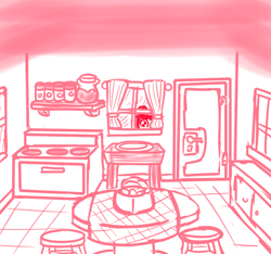 Size: 640x600 | Tagged: safe, artist:ficficponyfic, part of a set, oc, oc only, oc:mulberry telltale, cyoa:madness in mournthread, curtains, cyoa, flower, headband, jar, kitchen, looking through the window, monochrome, mystery, ovon, part of a series, peeping, stools, story included, table