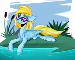 Size: 2500x2000 | Tagged: safe, artist:xvostik, oc, oc only, oc:cloud cuddler, pegasus, pony, accessory, commission, cute, female, glasses, high res, lake, pegasus oc, relaxing, solo, water, ych result