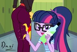 Size: 3761x2559 | Tagged: safe, artist:danielitamlp, sci-twi, sunset shimmer, twilight sparkle, equestria girls, g4, alcohol, ass, bottle, bunset shimmer, butt, canterlot high, clothes, cutie mark, cutie mark on clothes, female, glasses, hallway, high res, implied butt expansion, lockers, looking at you, mezcal, offscreen character, open mouth, pants, solo focus