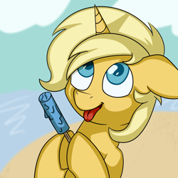 Size: 2048x2048 | Tagged: safe, artist:nevermore228, oc, oc only, oc:sunlight bolt, pony, unicorn, beach, food, high res, ice cream, male, sand, solo, stallion, tongue out