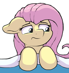 Size: 2825x3000 | Tagged: safe, artist:ljdamz1119, fluttershy, pony, g4, bed, blanket, bust, female, floppy ears, high res, in bed, lidded eyes, looking away, lying down, mare, on back, simple background, solo, tired, white background