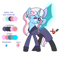 Size: 1300x1200 | Tagged: safe, artist:kb-gamerartist, oc, oc only, oc:scarlet diamond, pony, unicorn, cyber-questria, artificial wings, augmented, belt, bodysuit, clothes, coat, diamond, ear piercing, earring, eye scar, eyepatch, eyeshadow, female, jewelry, lipstick, makeup, mare, multicolored hair, piercing, prosthetic limb, prosthetic wing, prosthetics, reference sheet, scar, simple background, solo, spy, spy suit, transparent background, wings