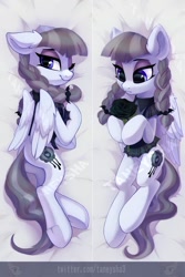 Size: 708x1063 | Tagged: safe, artist:taneysha, inky rose, pegasus, pony, g4, honest apple, black rose, body pillow, body pillow design, commission, cute, ear fluff, female, flower, goth, inkabetes, lying down, mare, on back, one eye closed, rose, smiling, solo, watermark, wink