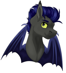 Size: 1747x1921 | Tagged: source needed, safe, artist:rokosmith26, oc, oc only, oc:lunar sentry, bat pony, pony, bat wings, bust, looking up, male, portrait, short hair, short mane, simple background, smiling, solo, spread wings, stallion, transparent background, wings