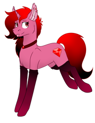 Size: 1092x1424 | Tagged: safe, artist:rokosmith26, oc, oc only, oc:ruby madness, pony, unicorn, cheek fluff, clothes, ear fluff, female, gem, horn, jewelry, long hair, long mane, looking at you, mare, necklace, piercing, red eyes, red mane, ruby, simple background, solo, stockings, tail, thigh highs, tongue out, transparent background