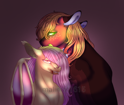 Size: 990x842 | Tagged: safe, artist:malinraf1615, big macintosh, fluttershy, bat pony, earth pony, pony, g4, bat ponified, bite mark, blood, corrupted, fangs, female, floppy ears, flutterbat, glowing eyes, gradient background, looking at you, male, race swap, ship:fluttermac, shipping, slit pupils, straight, watermark