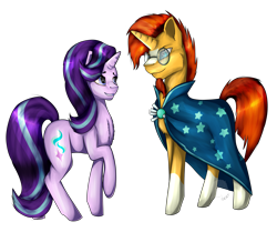 Size: 3433x3000 | Tagged: safe, artist:11-shadow, starlight glimmer, sunburst, pony, unicorn, g4, cape, clothes, coat markings, duo, female, glasses, high res, male, raised hoof, simple background, socks (coat markings), transparent background