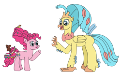 Size: 3264x1967 | Tagged: safe, artist:supahdonarudo, pinkie pie, princess skystar, classical hippogriff, earth pony, hippogriff, pony, g4, my little pony: the movie, confetti, older, older pinkie pie, older skystar, queen skystar, rubber duck, simple background, size difference, teddy bear, transparent background, waving