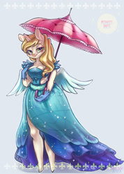 Size: 940x1321 | Tagged: safe, artist:mirululu, sweet biscuit, unicorn, anthro, unguligrade anthro, canterlot boutique, g4, bedroom eyes, blue background, clothes, dress, female, gloves, looking at you, parasol (umbrella), princess dress, simple background, smiling, solo, umbrella, wings