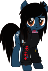 Size: 797x1182 | Tagged: safe, artist:lightningbolt, earth pony, pony, g4, .svg available, bring me the horizon, clothes, colored pupils, drop dead clothing, equestria girls ponified, hoodie, lip piercing, looking at you, male, movie accurate, oliver sykes, paint bottle, paint stains, piercing, ponified, shirt, simple background, solo, stallion, standing, svg, tattoo, transparent background, undershirt, vector