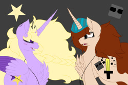 Size: 1084x720 | Tagged: safe, artist:saladstarry, oc, oc only, oc:star heart, alicorn, pony, unicorn, alicorn oc, chest fluff, duo, eyes closed, female, hat, horn, jewelry, mare, necklace, two toned wings, unicorn oc, wings