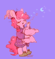 Size: 750x800 | Tagged: safe, artist:mirululu, gummy, pinkie pie, earth pony, pony, g4, alternate hairstyle, bipedal, clothes, crescent moon, cute, diapinkes, eyes closed, female, hat, hoof hold, mare, moon, nightcap, open mouth, pajamas, pillow, purple background, simple background, slippers, solo, yawn