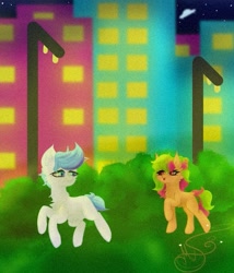 Size: 735x858 | Tagged: safe, artist:nel_liddell, oc, oc only, earth pony, pony, building, bush, chest fluff, duo, earth pony oc, looking back, outdoors, raised hoof, stars, ufo